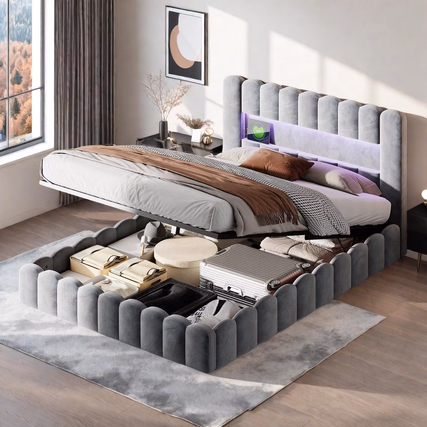 Fortuna Lai Letto imbottito 180x200 cm, LED e USB, letto contenitore con rete a doghe, velluto, grigio