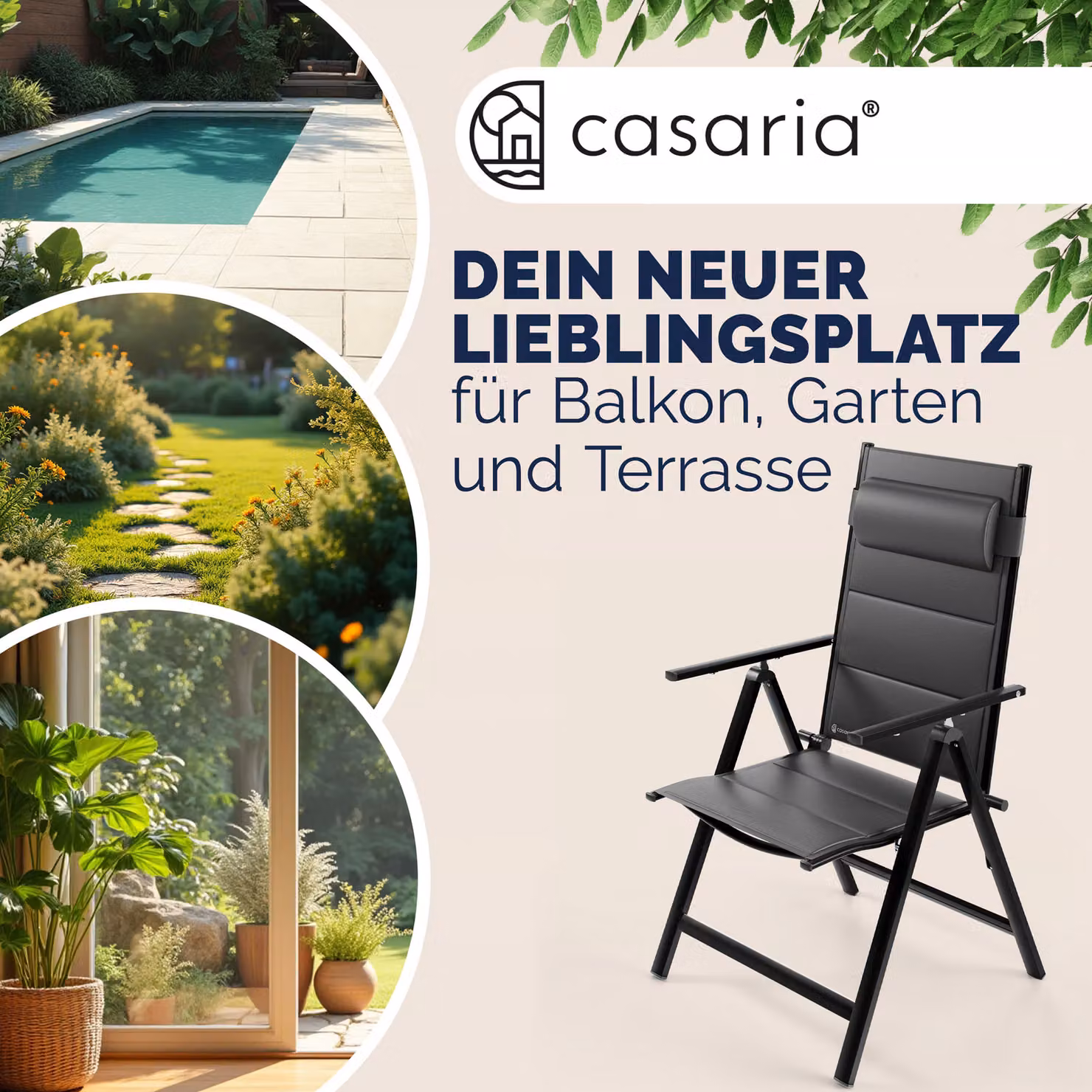 Set di 2 sedie da giardino Casaria® nere pieghevoli in alluminio con cuscini imbottiti e braccioli – 2