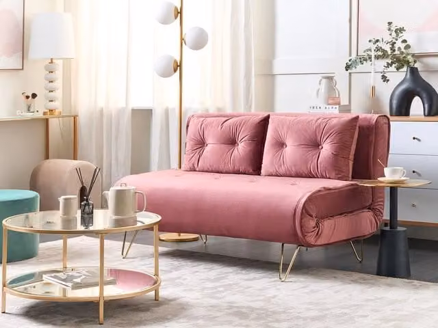 Divano Letto Click Clack Beliani in Velluto Rosa con Cuscini e Struttura in Metallo – 1