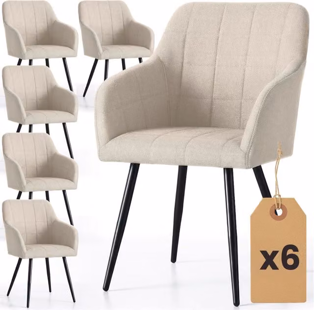 Set di 6 Sedie imbottite con cuciture quadrate LUXANO Beige gambe nere tessuto Lumos