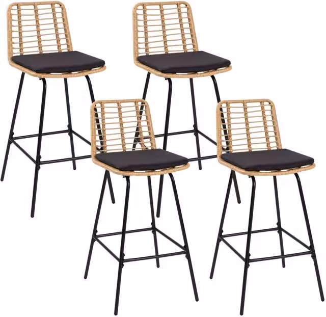 Set di 4 sgabelli da bar IDMarket SUMMER in effetto rattan con gambe in metallo nero stile boho – 1