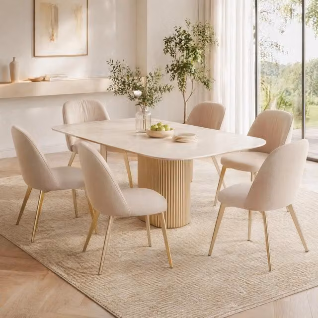 Set di 6 sedie da pranzo moderne in velluto beige con gambe in metallo dorato