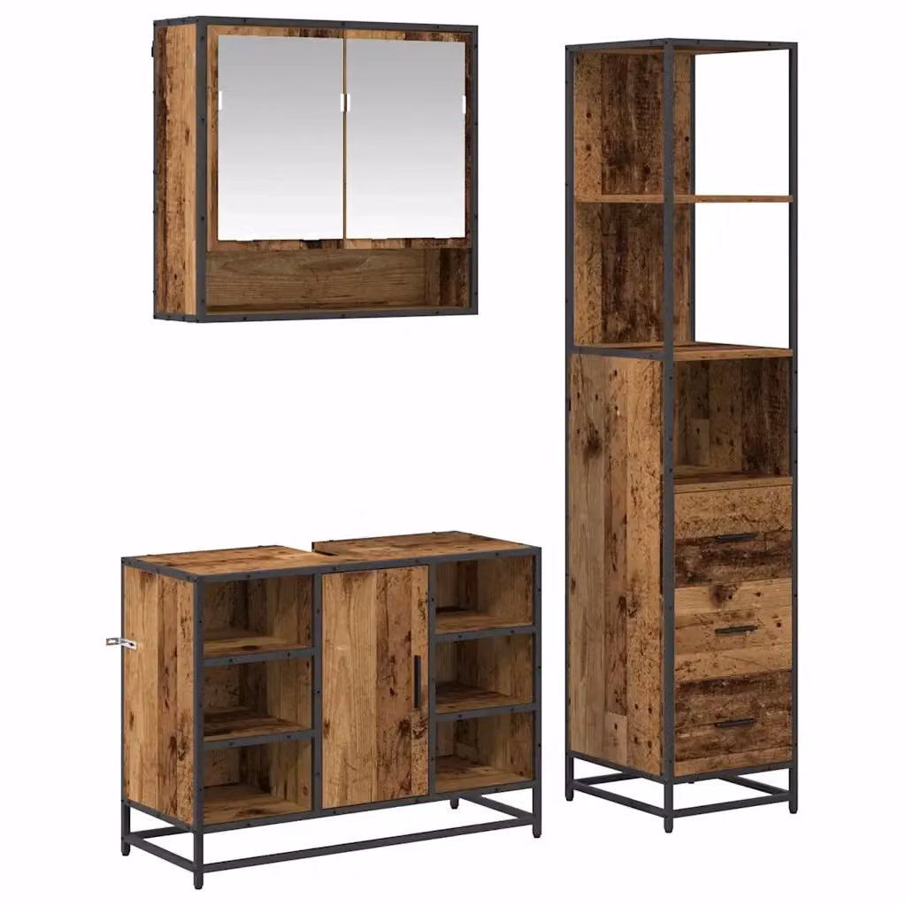 Set di mobili per il bagno moderno vidaXL in 3 pezzi color marrone con armadietto a specchio, mobile lavabo e colonna, in legno e metallo – 2