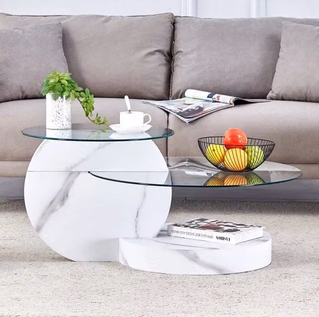 Tavolino da caffè 78.51x78.99x24.51 cm a due livelli con piano in vetro di sicurezza in MDF bianco