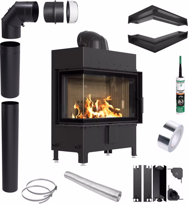 KRATKI LUCY Sinistra 14 kW Ø200 NERO Set di montaggio inserto per caminetto Chiusura
