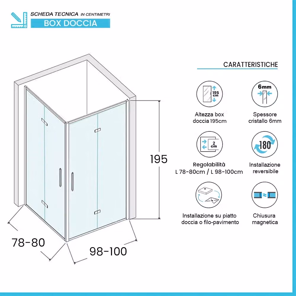 Box doccia angolare Neos in vetro temperato trasparente con doppio soffietto e profili cromo L/P/H: 80 x 100 x 195 cm – 2