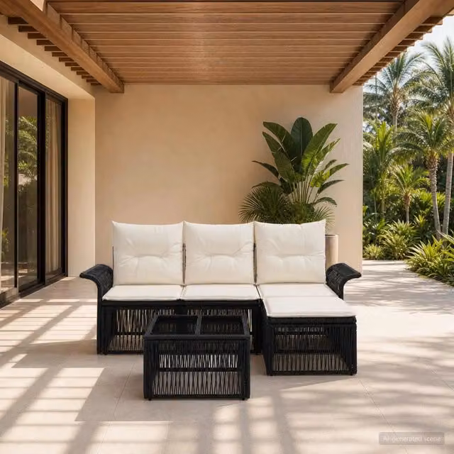 Set Divano da Giardino a L con Poltrona, Tavolino e Pouf vidaXL, Nero