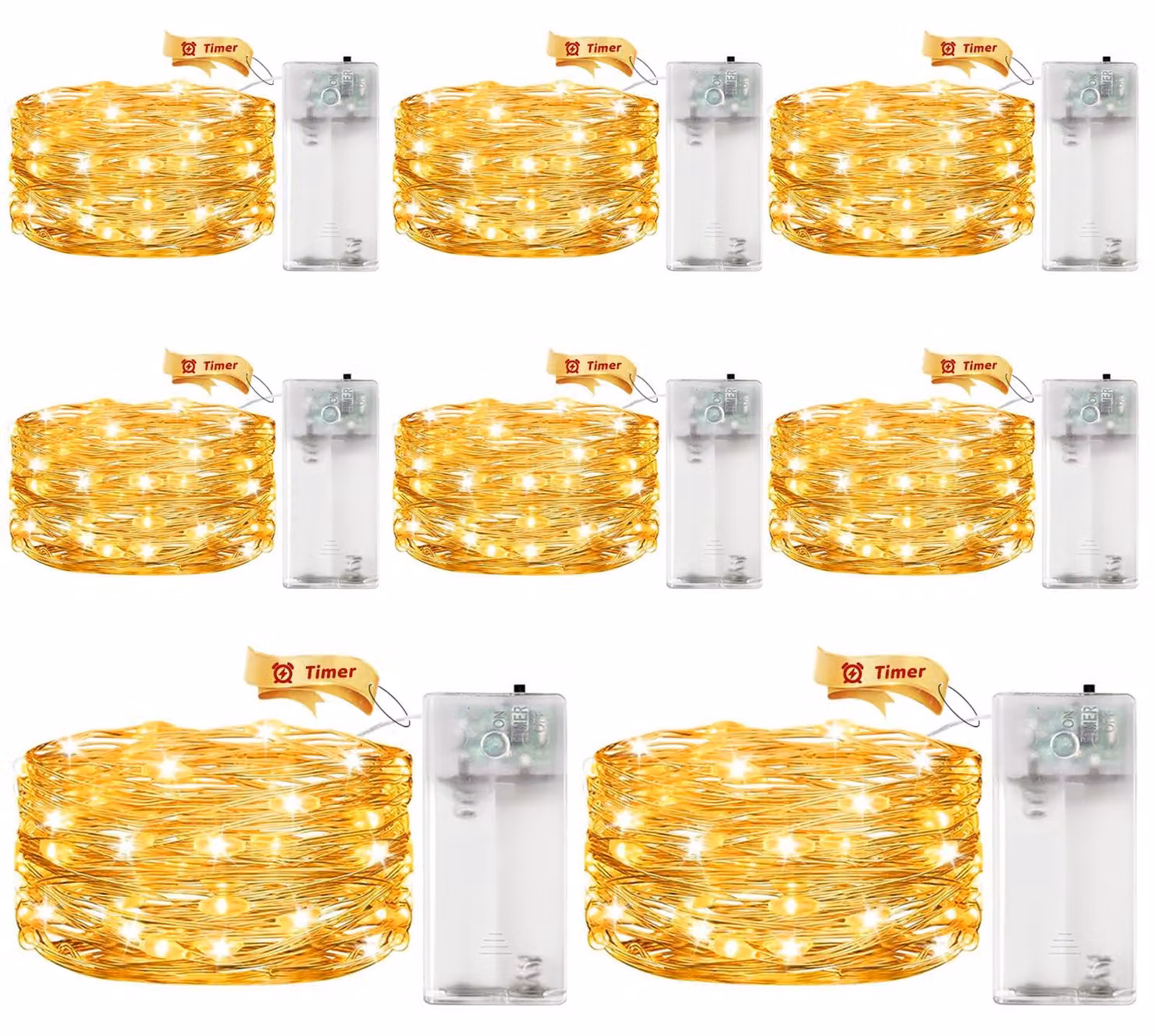 Catena luminosa a LED con timer, lunghezza 3 metri, 30 LED, luce bianco caldo, confezione da 8 pezzi