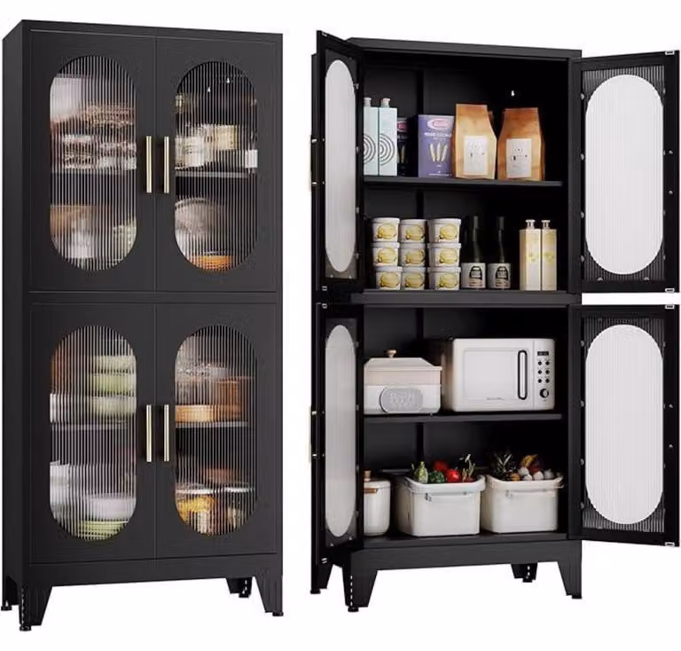 Armadio da cucina in metallo, altezza 155 cm, colore nero, con 4 ante in vetro e 2 ripiani