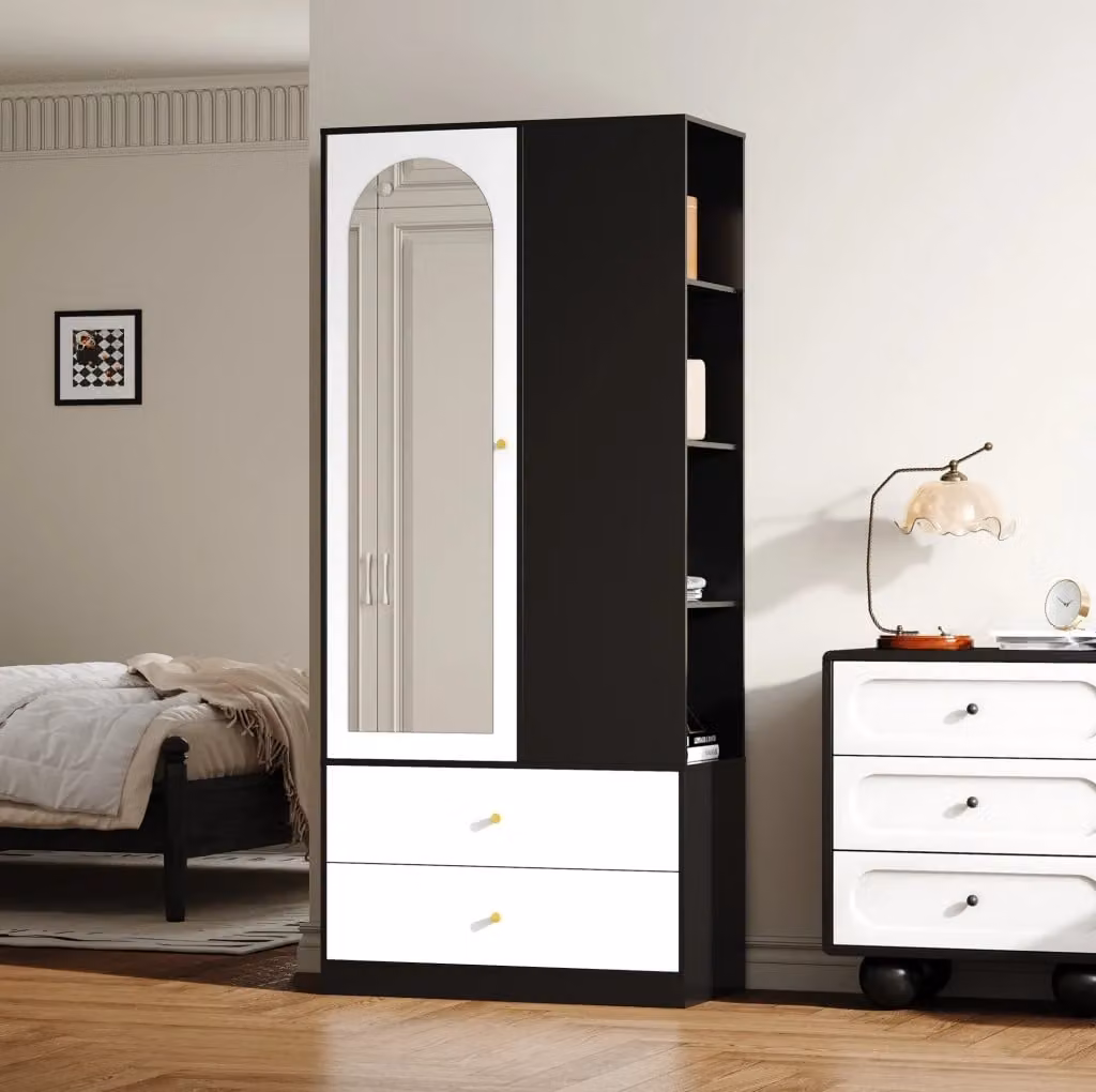 Armadio guardaroba moderno bianco e nero con specchio e cassetti, L: 80 cm, P: 40 cm, H: 180 cm – 2