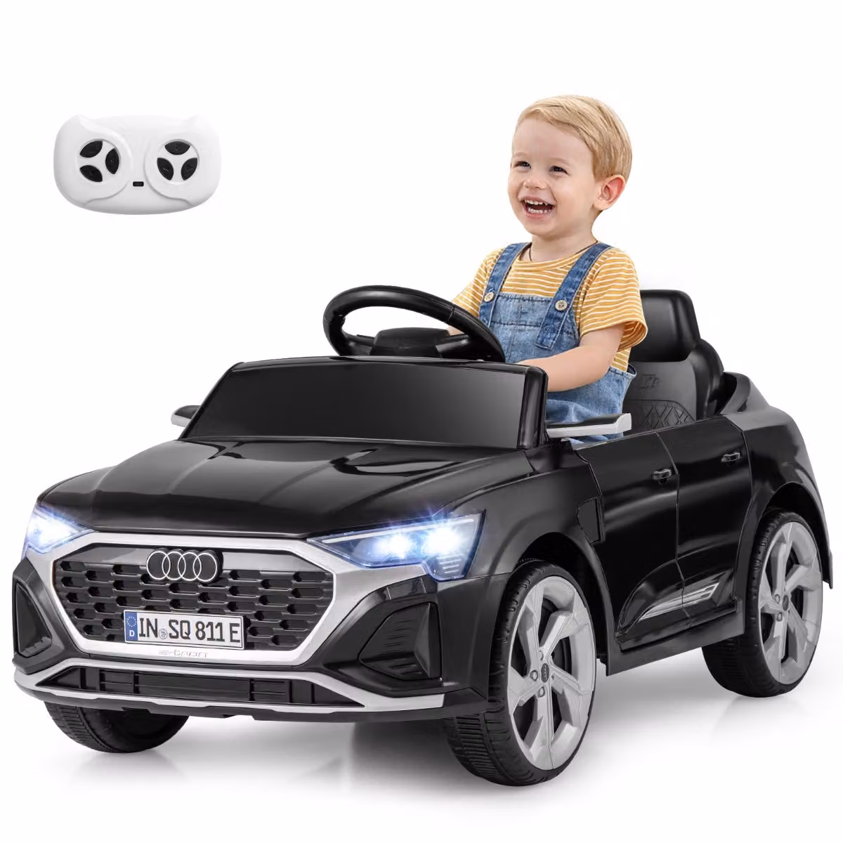 Auto elettrica per bambini Costway Audi SQ8 licenziata, veicolo 12V con telecomando, luci LED, musica e 3 velocità, Nero