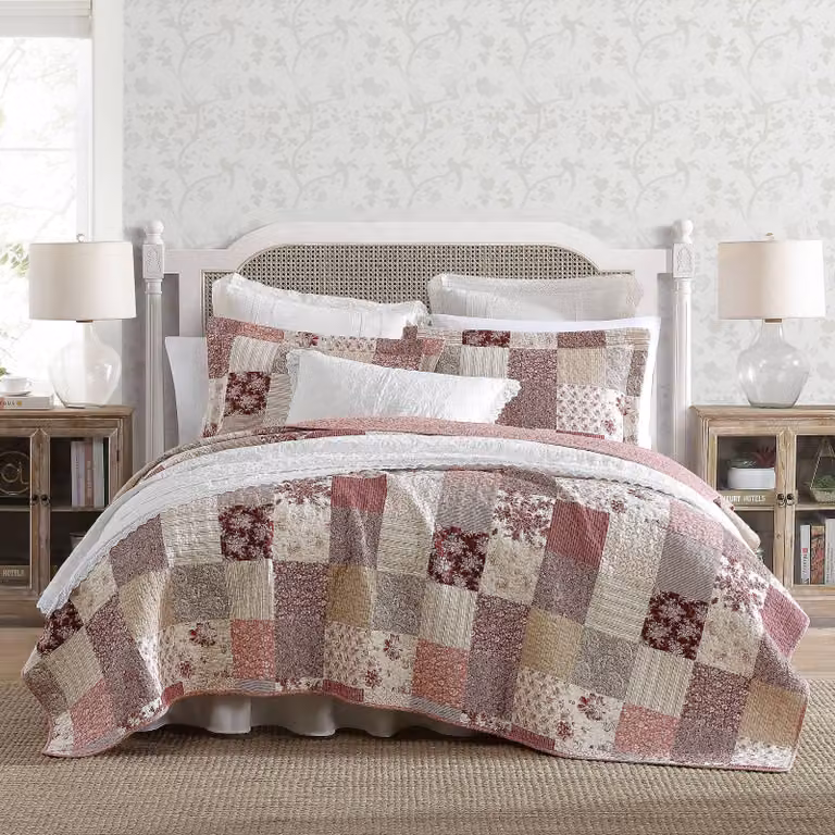 Set di lenzuola matrimoniali (letto matrimoniale standard/queen size), reversibile, in cotone, motivo patchwork, colore rosso