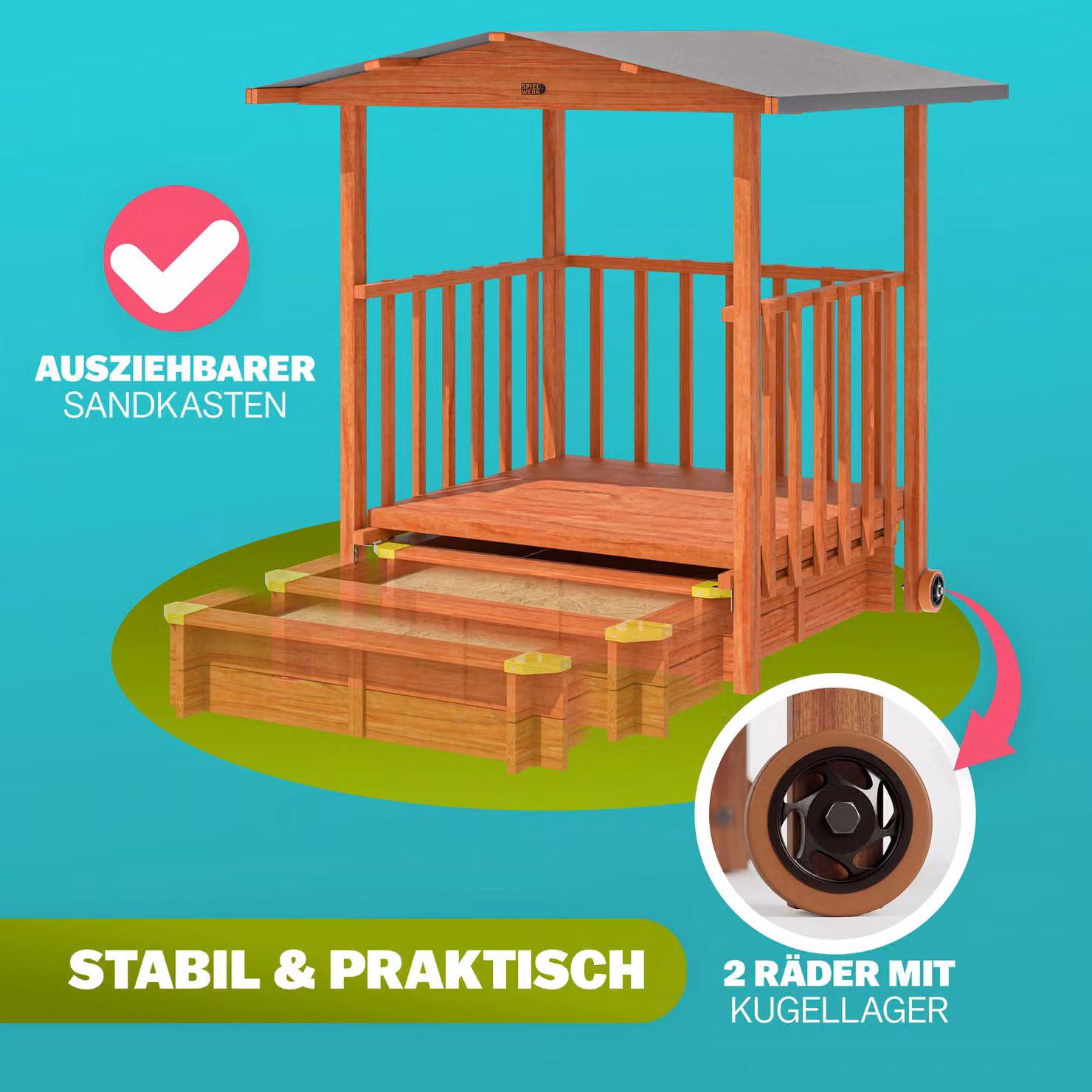 Casetta gioco con sabbiera Spielwerk in legno e tessuto marrone multicolore con tetto e veranda protezione UV 50+ – 2