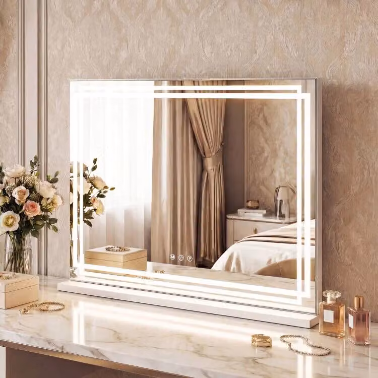 Specchio da tavolo per trucco con luci LED dimmerabili e controllo touch intelligente, Design In, L 80 cm x H 62 cm x P 14 cm, Bianco o Argento – 2