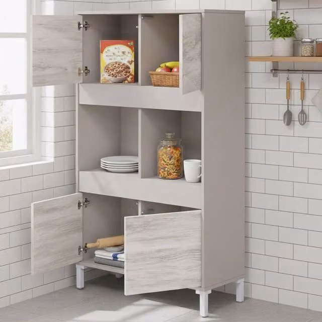 Madia Mezzate DMORA con cassetti, design moderno, beige e bianco, L: 78 cm, P: 33 cm, H: 134 cm – 1