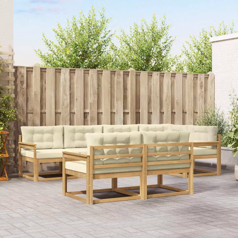 vidaXL Set di divani da esterno a forma di U composto da 6 pezzi in legno di acacia con cuscini bianchi e beige