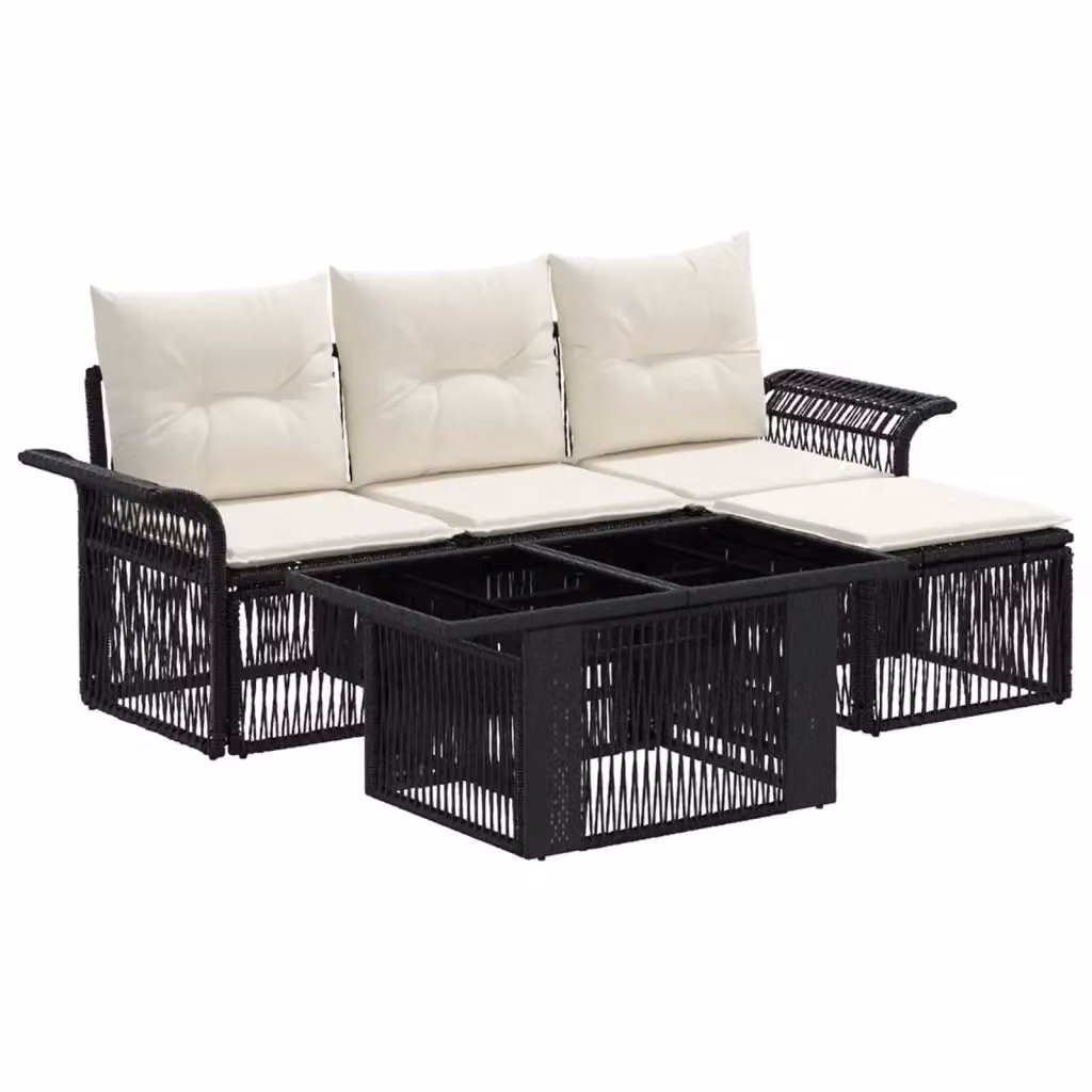 Set Divano da Giardino a L con Polyrattan e Cuscini vidaXL, 5 Pezzi, Nero e Bianco Crema – 2