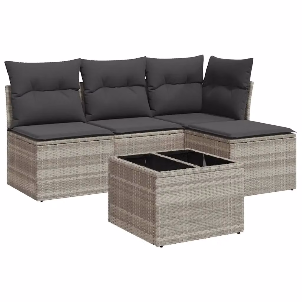 vidaXL Set Divano da Giardino a L con Cuscini Grigio Chiaro in Polyrattan e Tavolino – 2