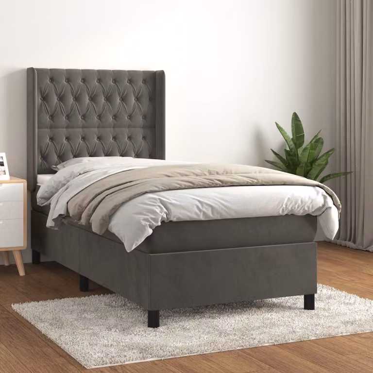 The Living Store Letto a molle con materasso grigio scuro 90x190 cm in velluto