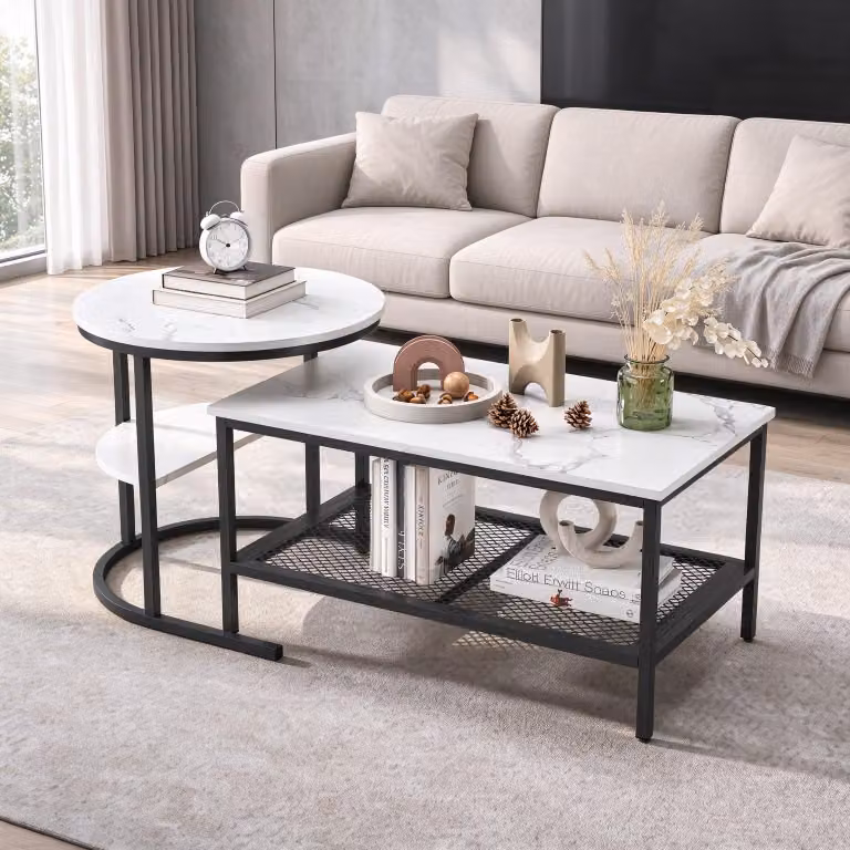 INONEFT, set da 2 tavolini, aspetto marmo con struttura in metallo e ripiano, tavolino da salotto, tavolino laterale, tavolino da caffè per soggiorno, bianco + nero