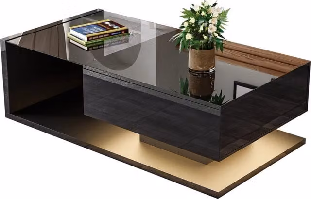 Tavolino da salotto REDOM moderno in nero lucido con piano in vetro e LED L/P/H: 105 x 55 x 32,5 cm