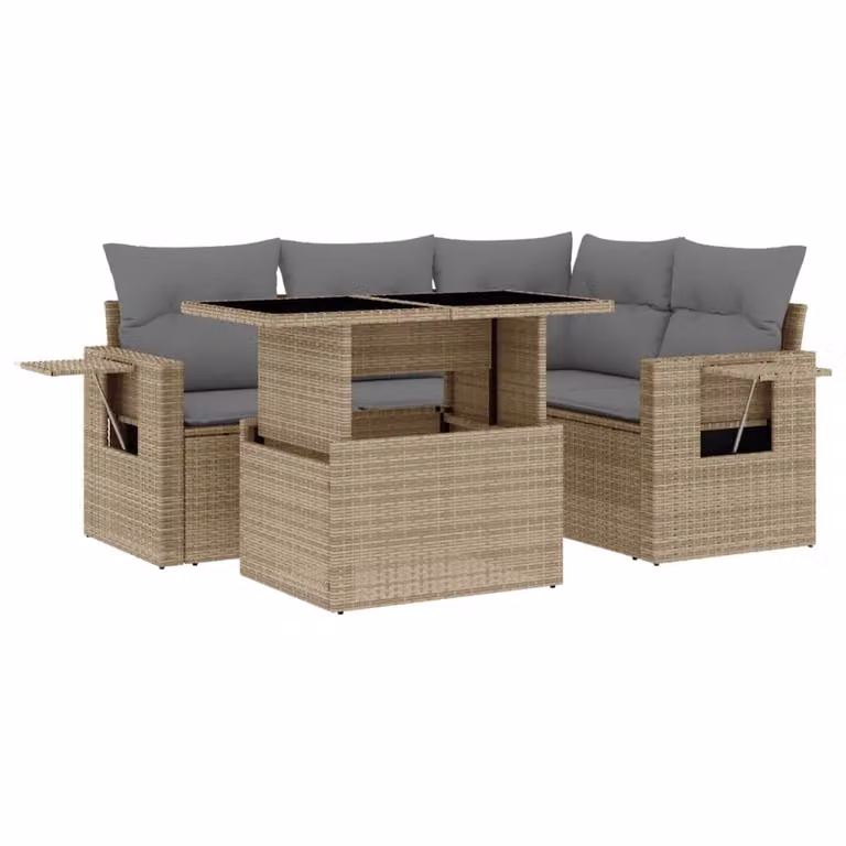 Set Divano da Giardino 5 pz con Cuscini Beige in Polyrattan