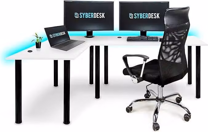 SyberDesk Gaming Pro LED scrivania angolare 197 x 132 cm con LED, scrivania per computer di grandi dimensioni, scrivania da gioco, HUB USB, (a sinistra, bianco)