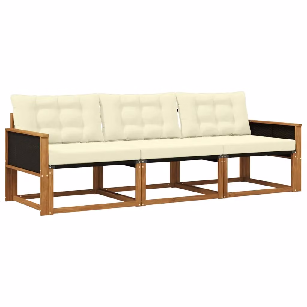 Set di divani da esterno 3 pezzi vidaXL in legno di acacia e tessuto textilene, colore beige e bianco con cuscini inclusi – 2