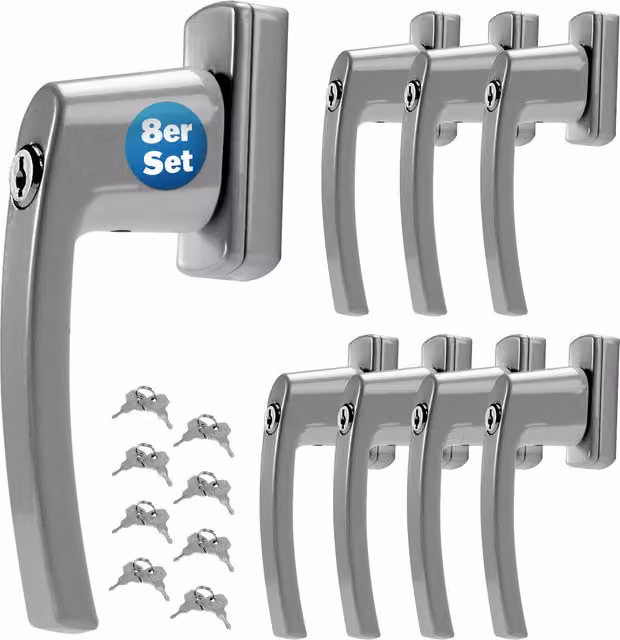 Set di 8 maniglie per finestra con serratura Monzana in acciaio inossidabile color argento