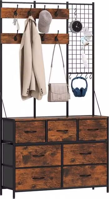 Appendiabiti Minimal con cassetti e ripiano in stile industriale Marrone e Nero L: 100 cm, P: 30 cm, H: 183 cm