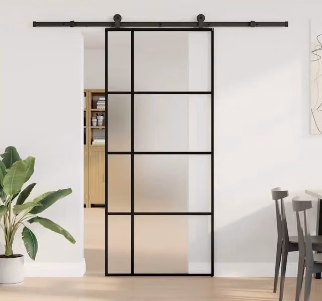Porta Scorrevole Moderna vidaXL in Vetro e Alluminio Nero L: 90 cm, H: 205 cm