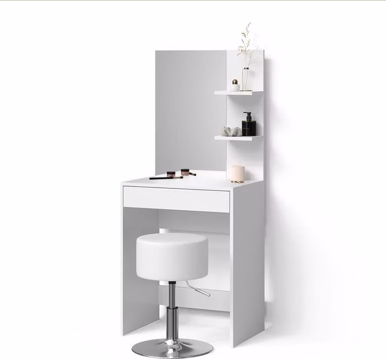 Tavolo da toeletta Livinity Nola Bianco 60 cm con specchio e sgabello, Model 52345