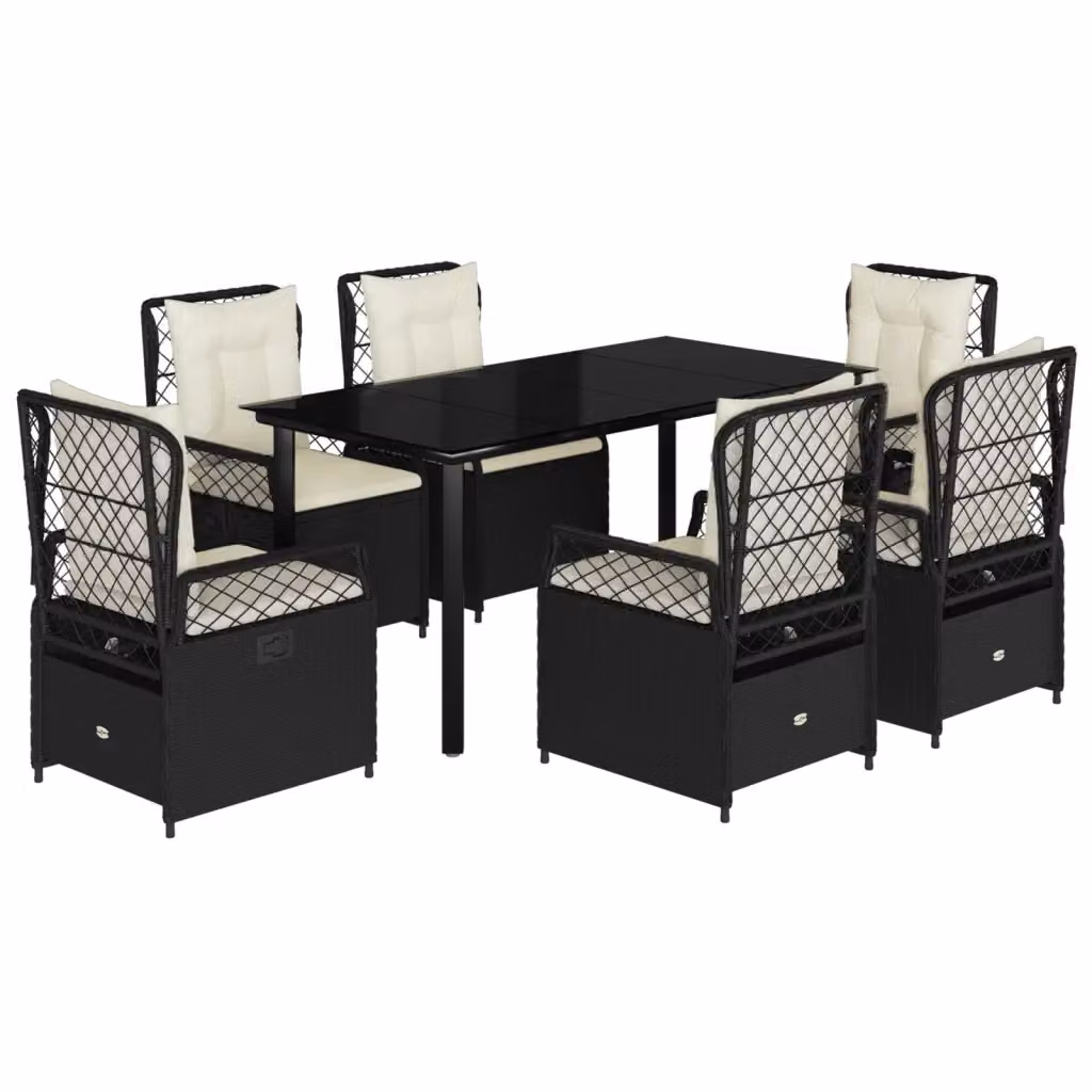 vidaXL Set da Pranzo da Giardino 7 pz in Polyrattan Nero con Cuscini e Tavolo in Vetro – 2