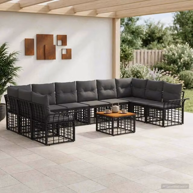 Set di divani da esterno 11 pz Nero e Grigio scuro Poliestere 3437763