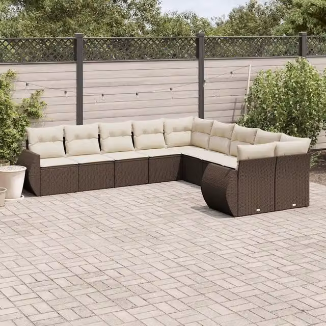 Set Divani da Giardino 10pz con Cuscini in Polyrattan Marrone 3221912