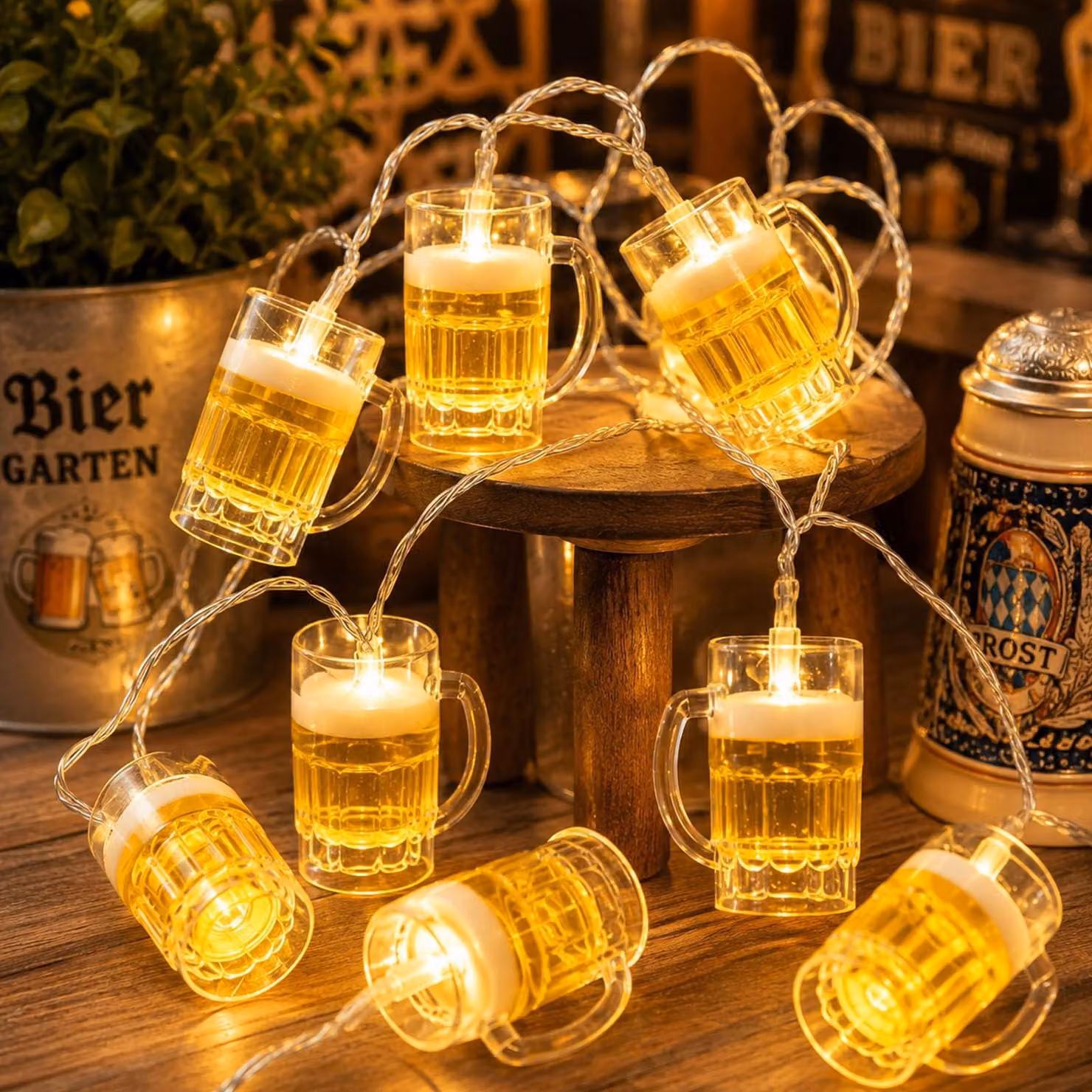 Catena luminosa a forma di boccale di birra, lunghezza 3 metri, 20 LED, alimentazione a batteria, luce bianco caldo
