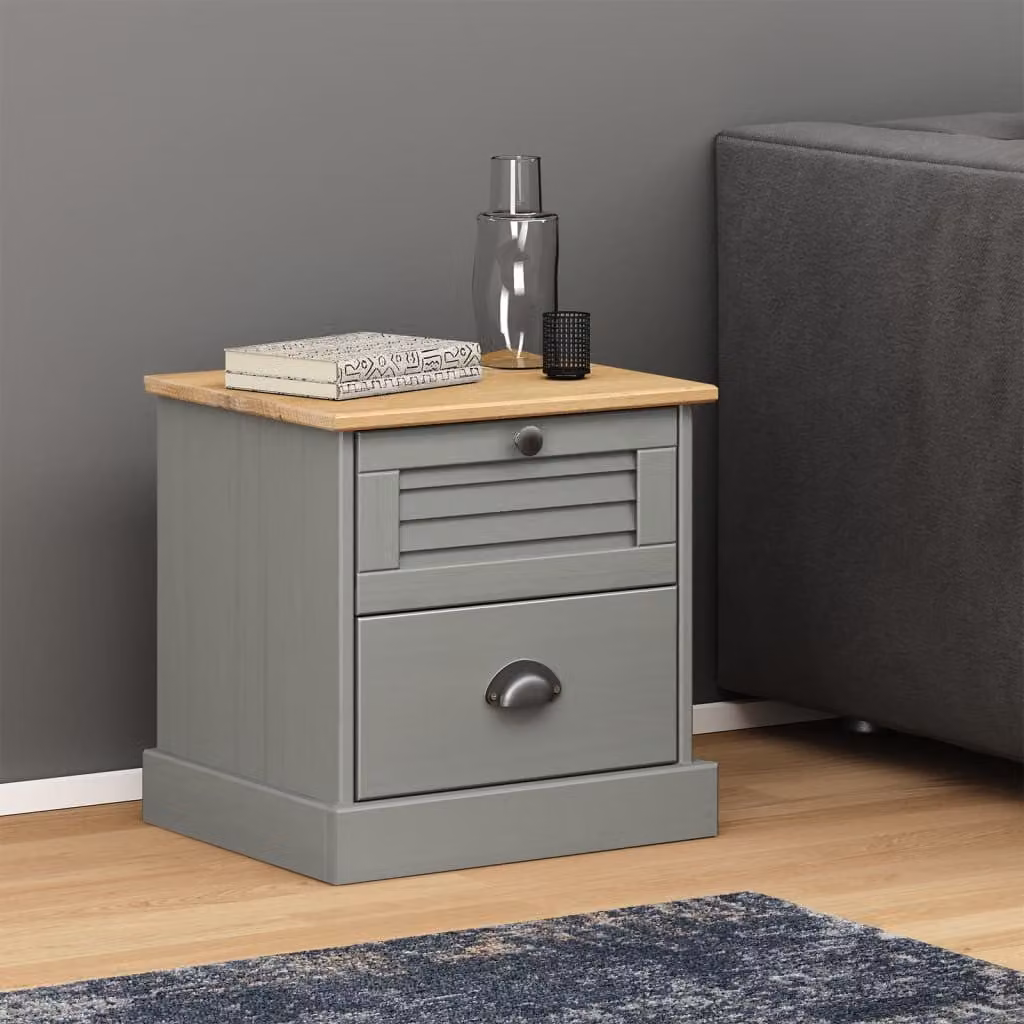 Comodino VIGO vidaXL in legno di pino massello e metallo, Grigio, L 42 cm x P 35 cm x H 42 cm