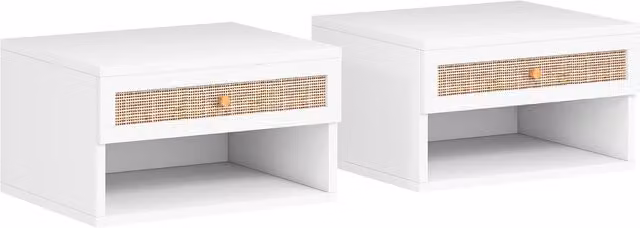Set di comodini sospesi HOMCOM in rattan e MDF con cassetto e ripiano aperto, Bianco, L: 40 cm, P: 34 cm, H: 23 cm