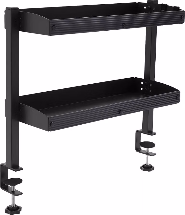 Scaffale per scrivania, design a 2 ripiani regolabili, fissaggio semplice con morsetti, colore nero