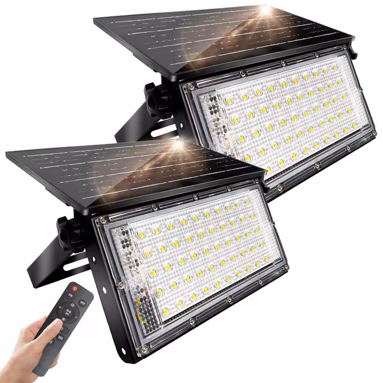 Lampade solari da esterno, potenza 50W, confezione da 2, grado di protezione IP65, dimmerabili, con telecomando, 5000 lumen