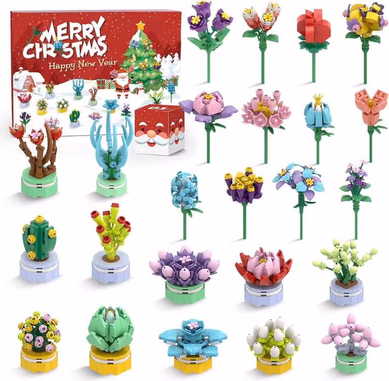 Calendario dell'Avvento 2024 Ragazze 24 Pack Succulente Bouquet di fiori Blocchi da costruzione