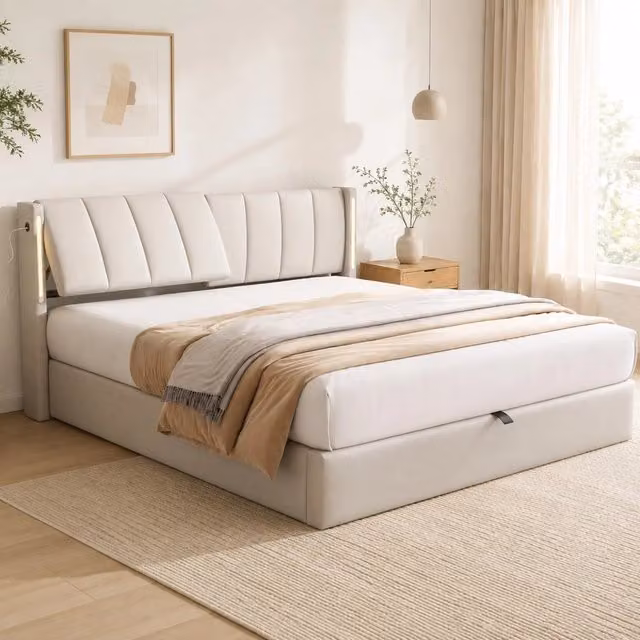Letto contenitore 140x200 cm bianco in similpelle PU con LED e vano contenitore, senza materasso