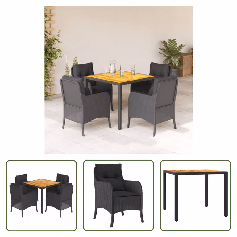 The Living Store Set da pranzo da giardino 5 pezzi con cuscini in poly rattan nero