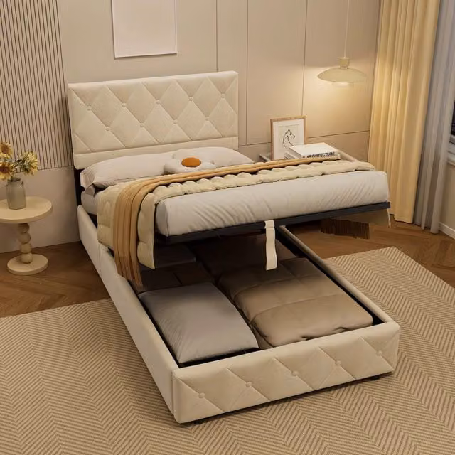 Letto imbottito 90x190cm con testiera trapuntata a bottoni, letto contenitore in velluto, senza materasso