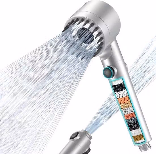 Doccia con sistema di filtraggio a 15 strati, soffione manuale ad alta pressione con tubo da 1,5 metri, 3 tipi di getto e funzione di risparmio idrico per un'acqua pulita e morbida