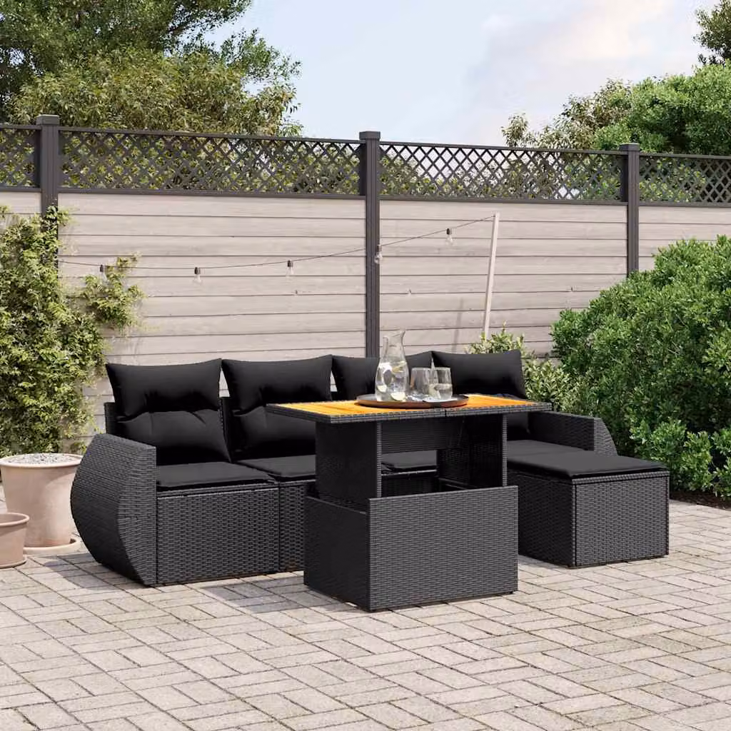 Set Divano da Giardino a L vidaXL 6 pz in Polyrattan Nero con Cuscini e Tavolino da Esterno – 1
