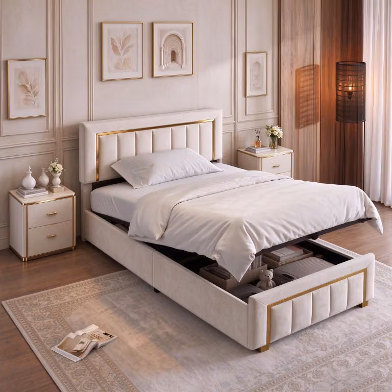 Letto a molle con contenitore 90x200 cm, con meccanismo a sollevamento idraulico, rete a doghe, imbottitura in tessuto, letto singolo, letto per ragazzi, struttura letto, velluto, beige