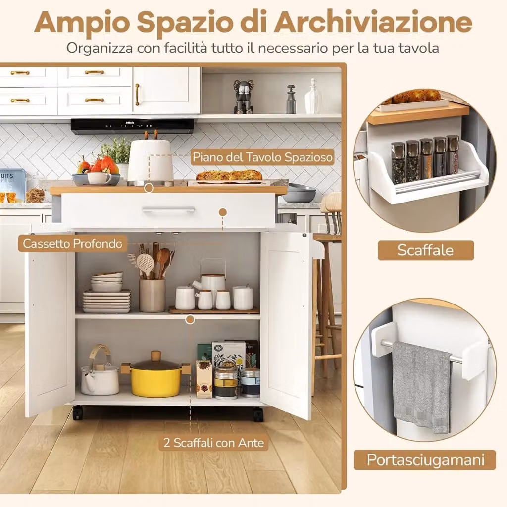 Carrello da cucina salvaspazio COSTWAY bianco con cassetto e ripiano regolabile, L 111 x P 40 x H 90 cm – 2