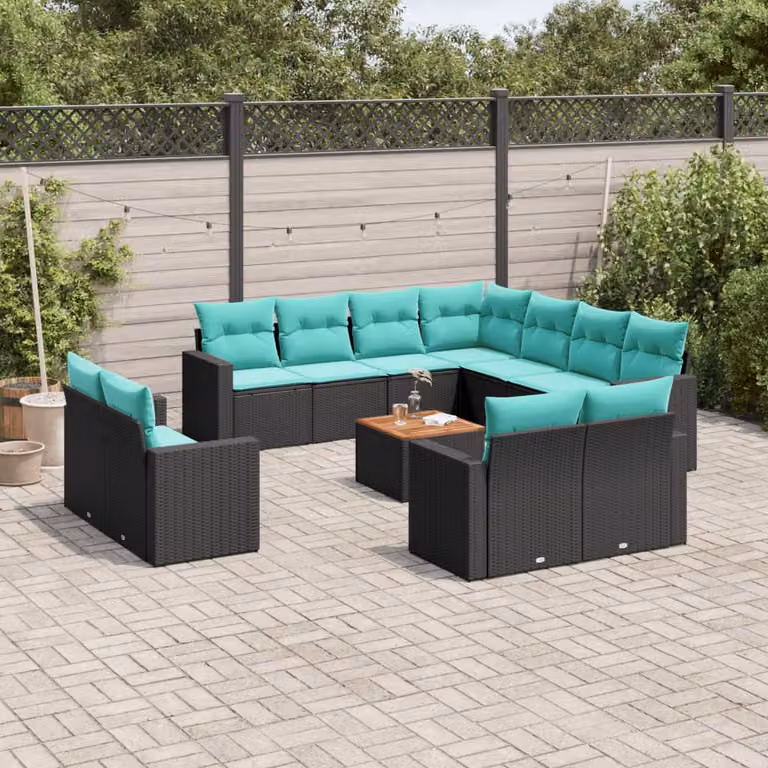 Set di Divani da Giardino vidaXL a Forma a U in Polyrattan Nero con Cuscini e Tavolino da Esterno