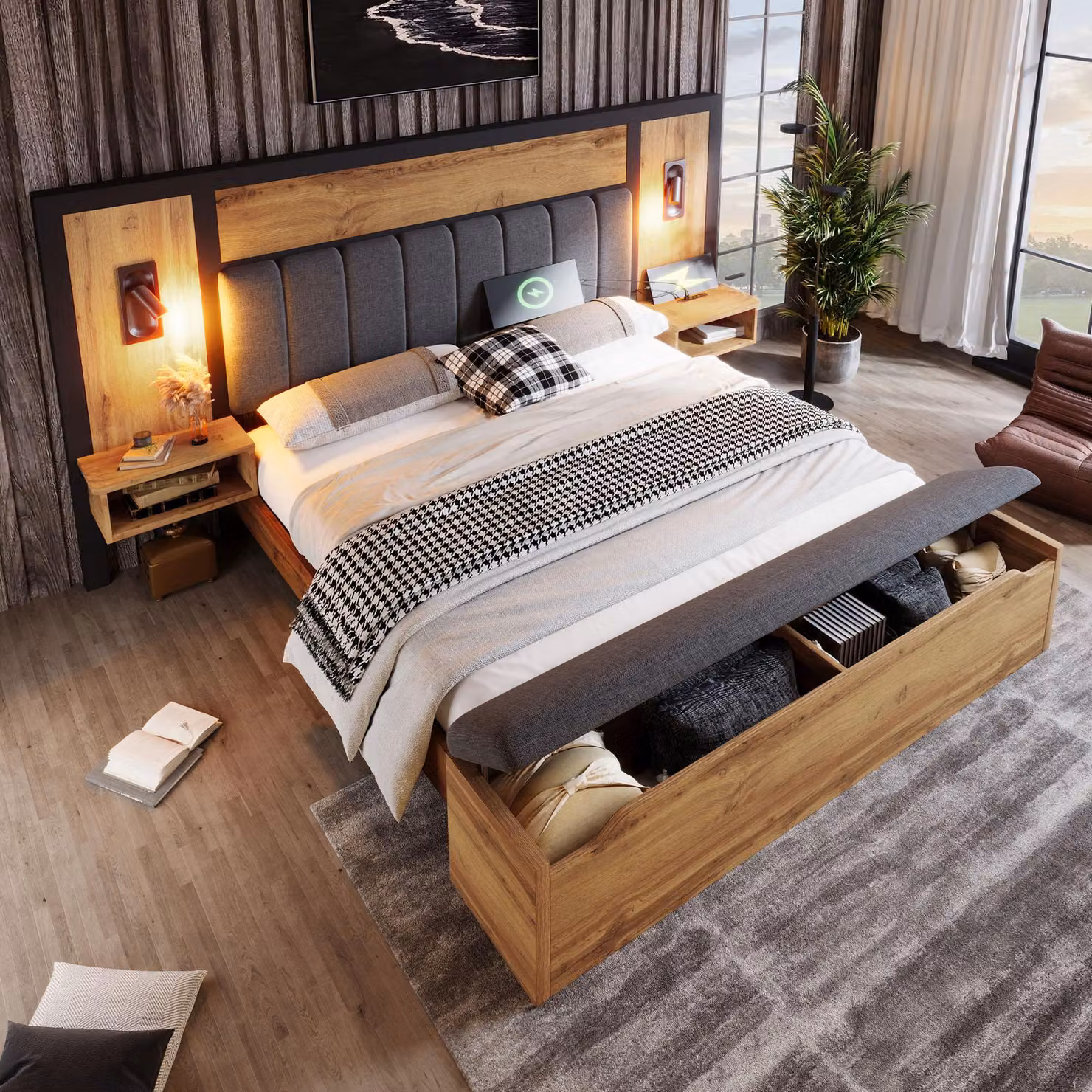 Letto matrimoniale Merax 180x200 con comodino, letto imbottito in rovere con luce di lettura, connessione di ricarica USB-C e panca portaoggetti, letto in legno senza materasso